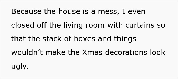 Alt text: Woman explains closing off living room with curtains to hide mess during Christmas decorations and unthoughtful gift issues.