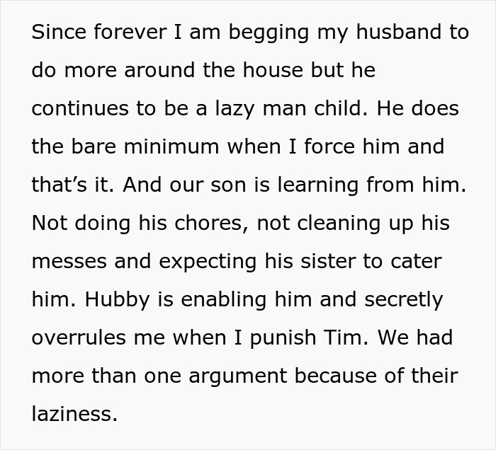 Text showing a mom describing her husband and son&rsquo;s laziness, raising questions about kicking them out before Christmas.