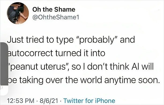 Tweet showing a humorous autocorrect fail turning the word probably into peanut uterus, highlighting autocorrect mistakes.
