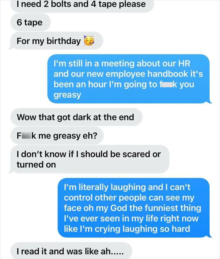 Text message exchange showing autocorrect fail causing an unexpected funny and awkward conversation about a meeting and a birthday.