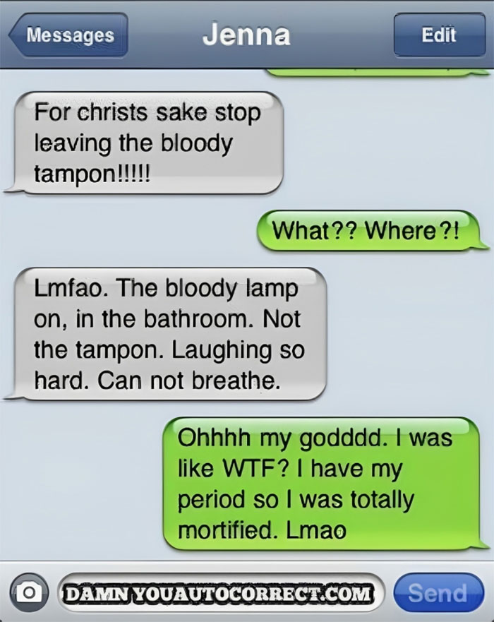 Text message conversation showing autocorrect mistake turning lamp into tampon, illustrating autocorrect messes from normal text.