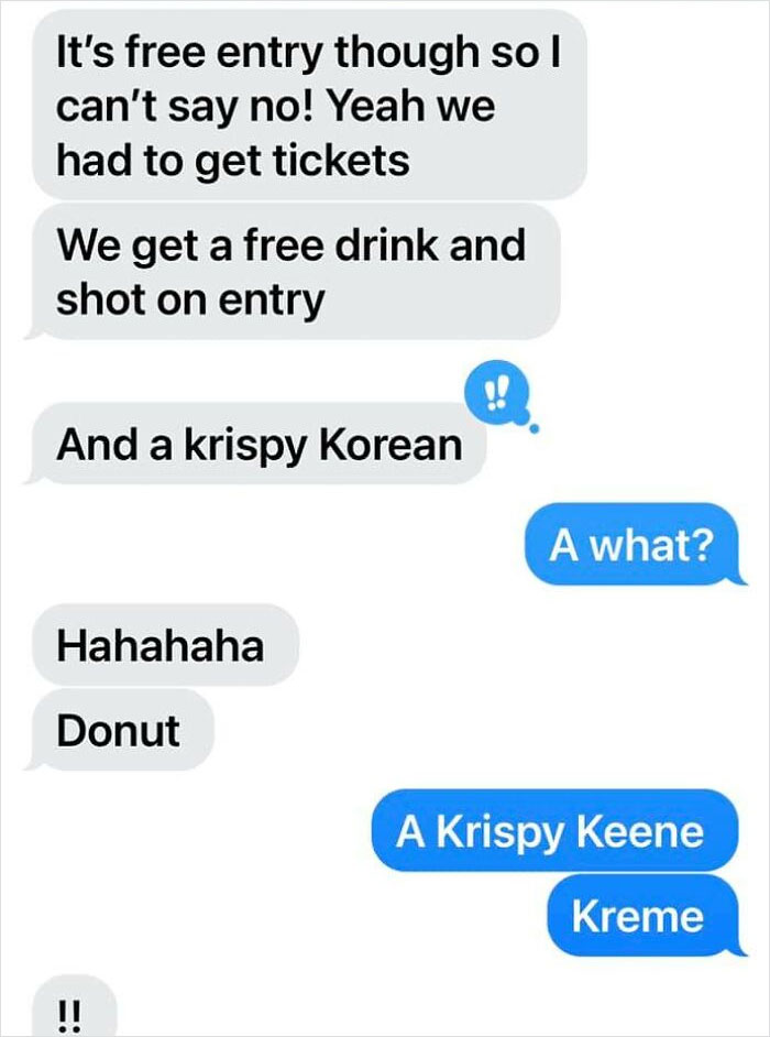 Text message conversation showing autocorrect errors turning Krispy Kreme into crispy Korean and other funny text fails.