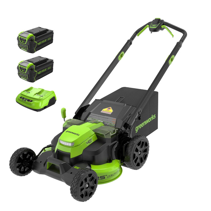 Green and black lawn mower with batteries 