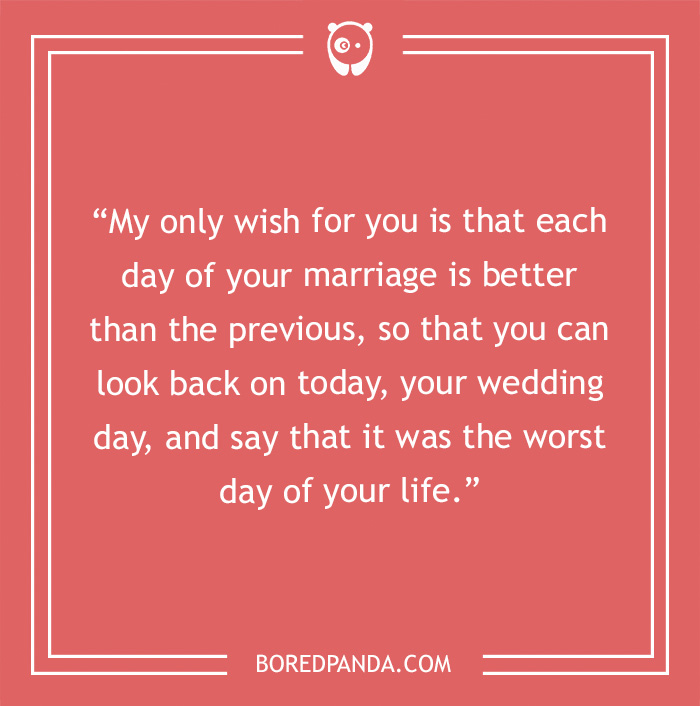 Funny best man speech joke on a coral background wishing the newlyweds a happy marriage and laughter.