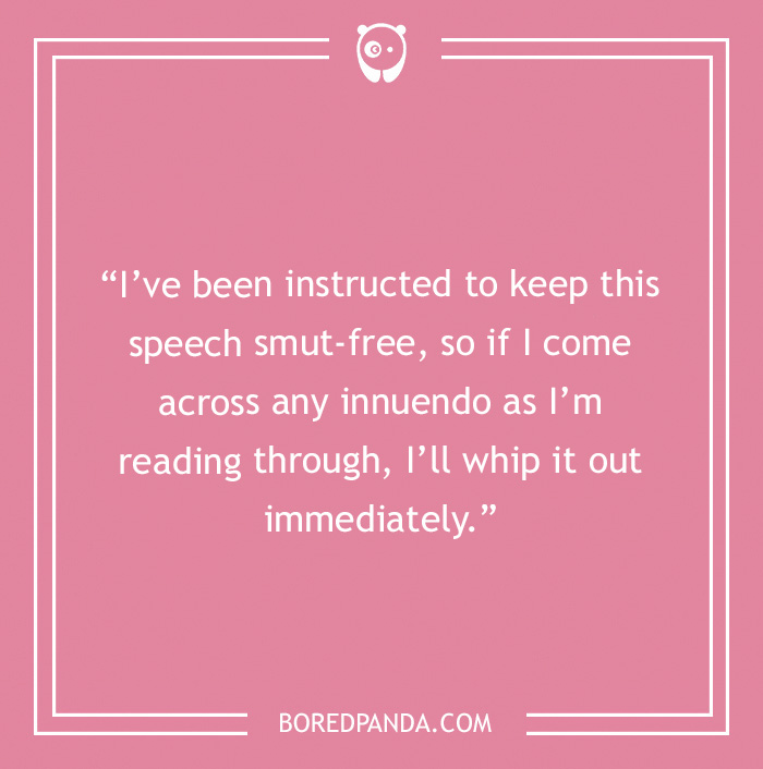 Pink background with a humorous best man speech joke about keeping the speech smut-free during a wedding speech.