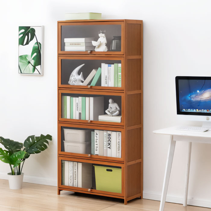 Brown wooden bookshelf with glass doors