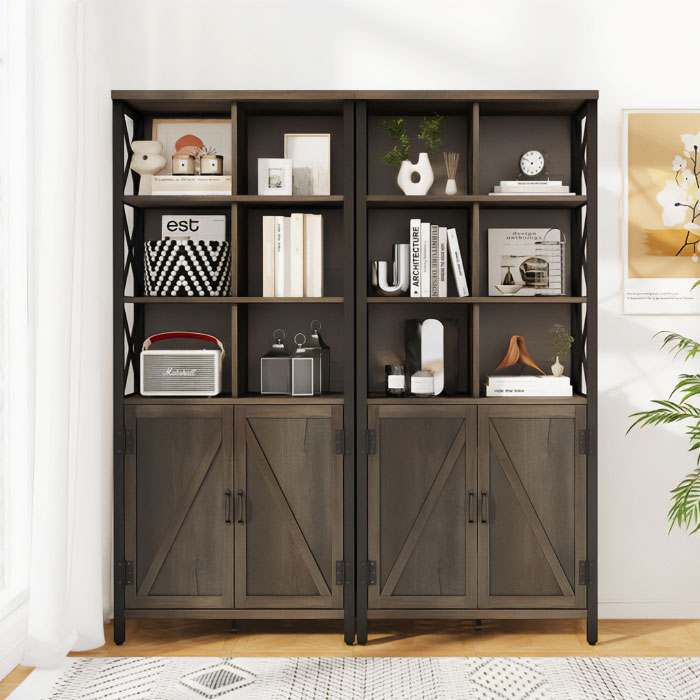 Big double dark brown bookshelf with door