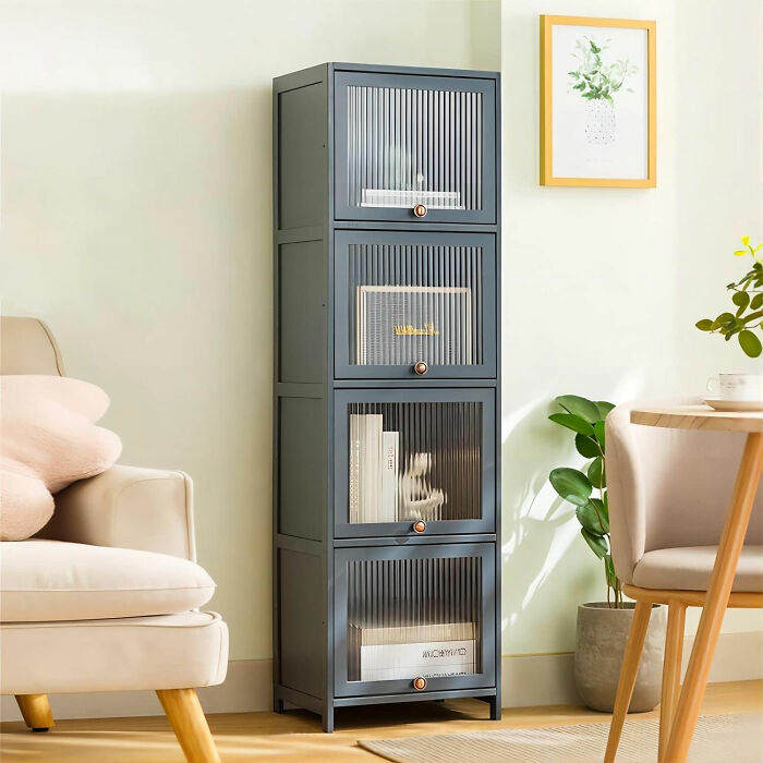 Black corner bookshelf with glass doors