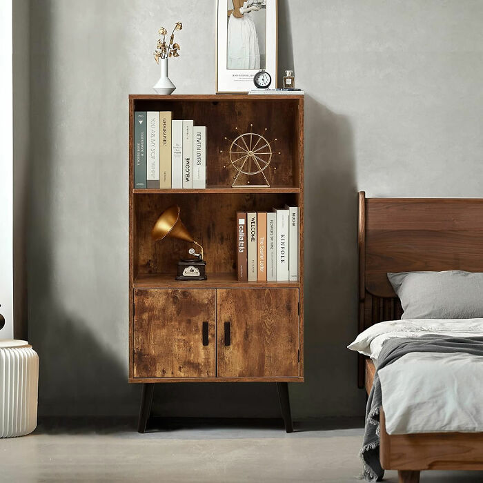 Retro brown bookshelf with doors