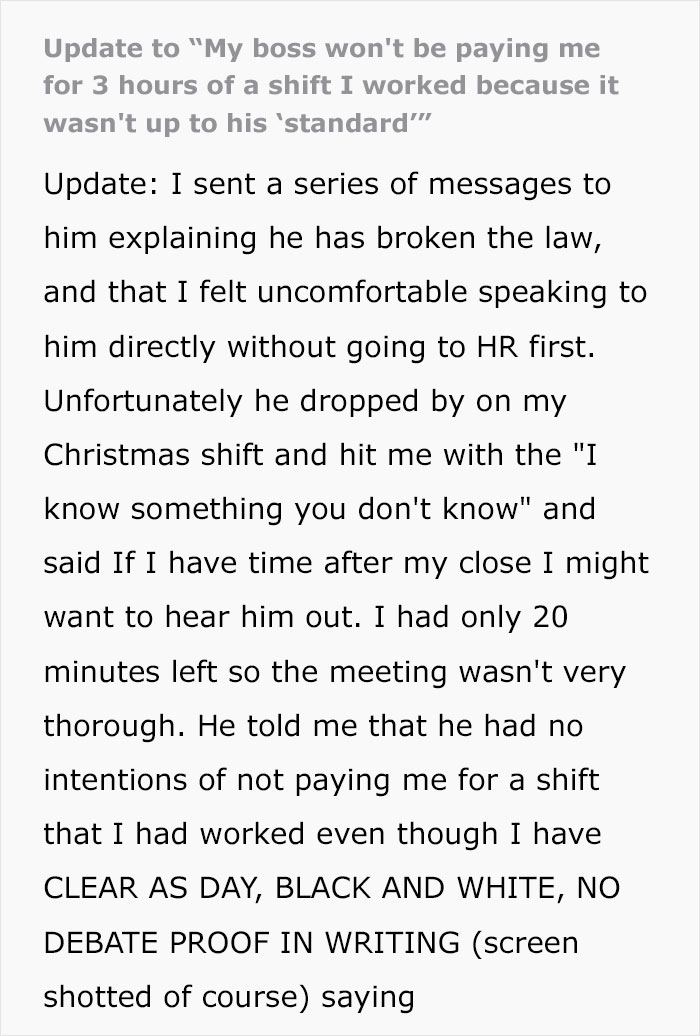 Worker Refuses To Take Boss’s Nonsense Reasons For Not Being Paid After 13.5-Hour Shift Worker Refuses To Take Boss’s Nonsense Reasons For Not Being Paid After 13.5-Hour Shift