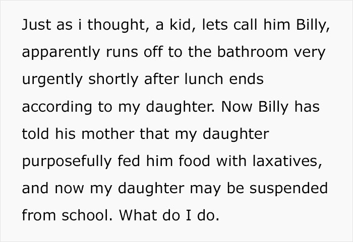 Parent Laces Daughter's Lunch With Laxatives, Knowing It Will Be Stolen, The Plan Works Parent Laces Daughter's Lunch With Laxatives, Knowing It Will Be Stolen, The Plan Works