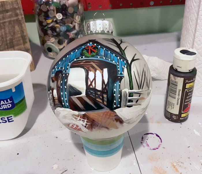 My Parents Used To Kiss When Going Through This Bridge When They Were Dating. I Found A Picture Of It And Painted It On A Christmas Ornament