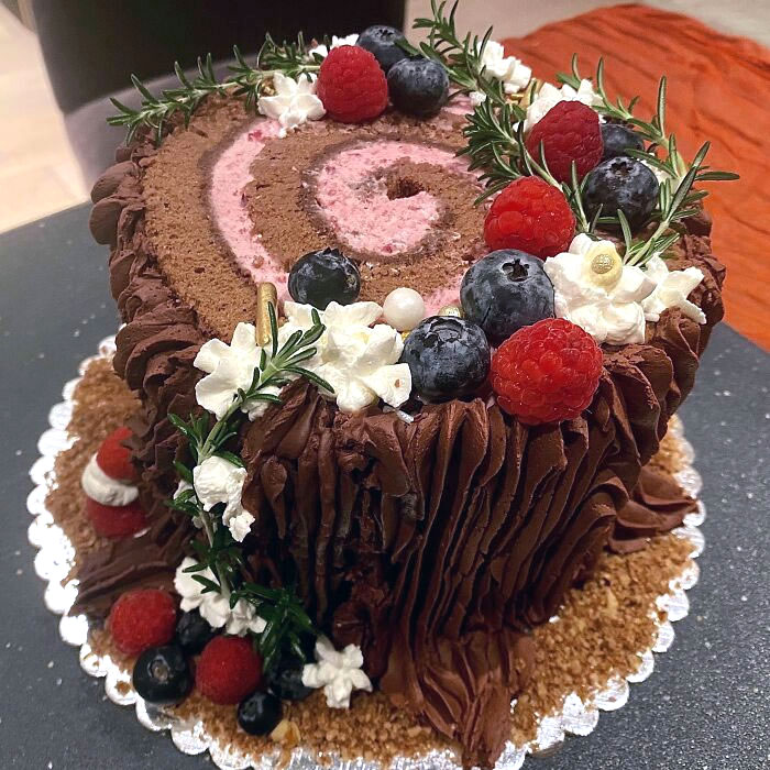 Homemade Chocolate And Raspberry Christmas Trunk Cake