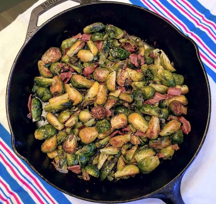 Winter And Christmas Holidays Also Mean The Beginning Of The Brussels Sprout Season For Many Canadians. Homemade Roasted Brussels Sprouts With Bacon And Shallot