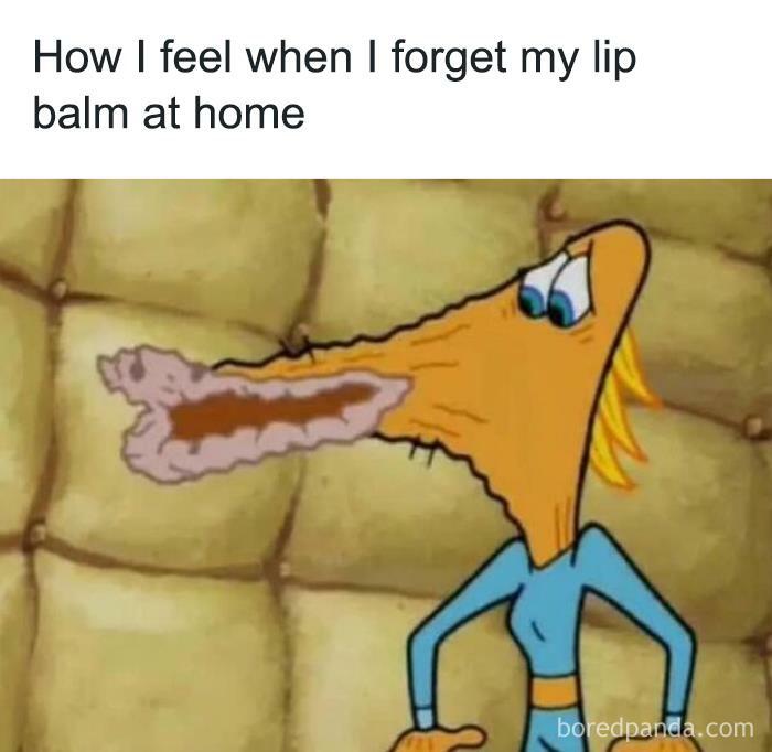 Cartoon character with dry lips, humorously relatable meme from a Facebook page about forgetting lip balm.