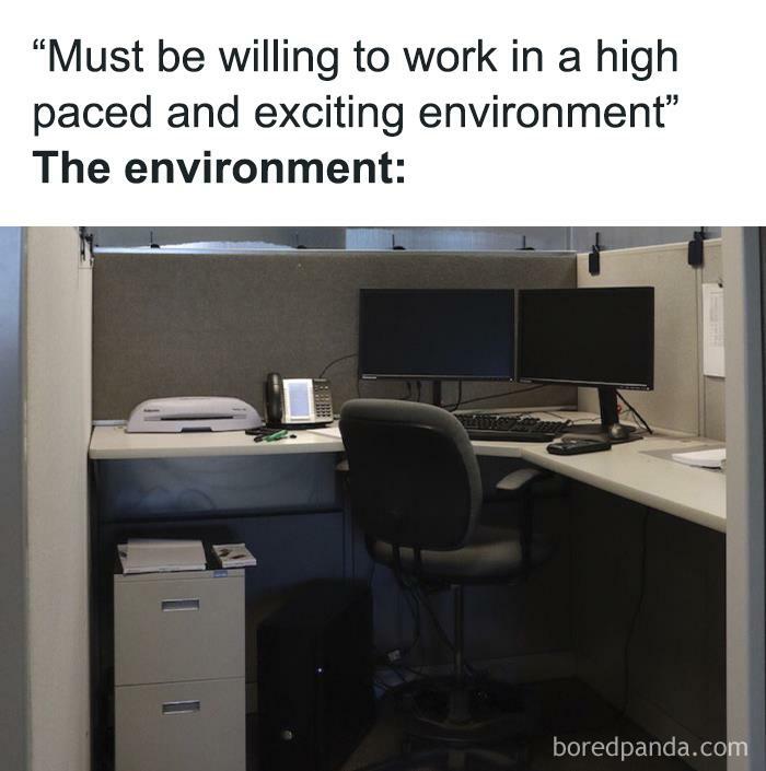 Empty office cubicle humorously depicting a "funny recruiter" meme with office equipment.