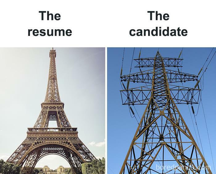 "Funny recruiter meme comparing a resume to the Eiffel Tower and a candidate to a power line structure."