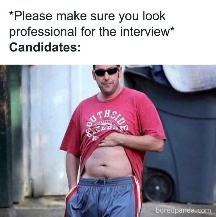 "Funny recruiter meme showing a casually dressed man in sunglasses and a red shirt, humorously preparing for an interview."