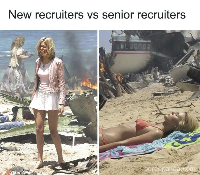 Funny recruiter meme contrasting new and senior recruiters on a beach.