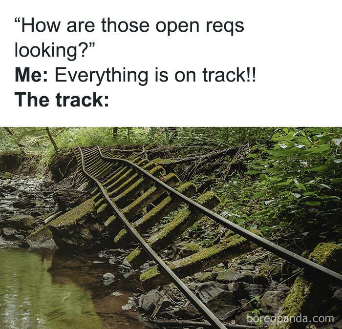 Funny recruiter meme with a railway track twisted and overgrown, humorously depicting things being "on track."