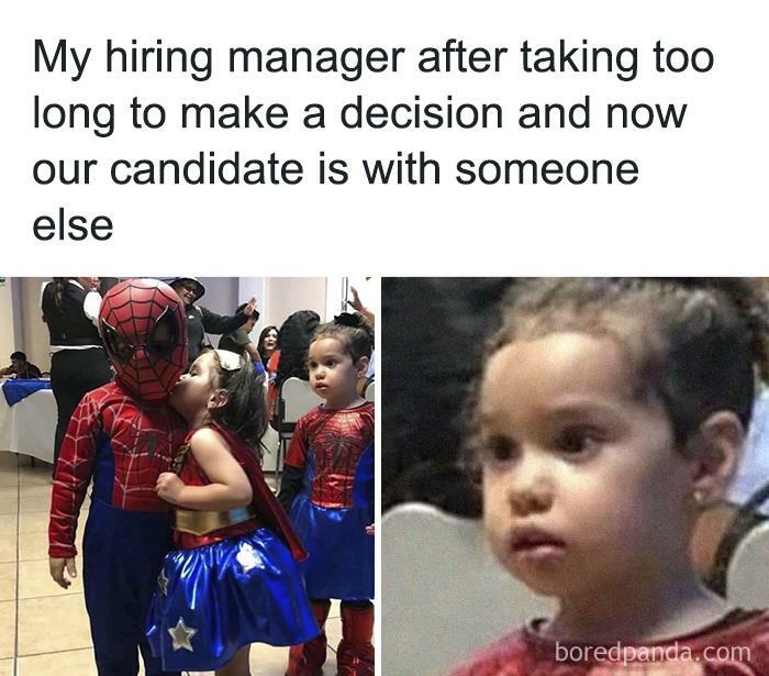Funny recruiter meme with kids in superhero costumes, one looking disappointed.