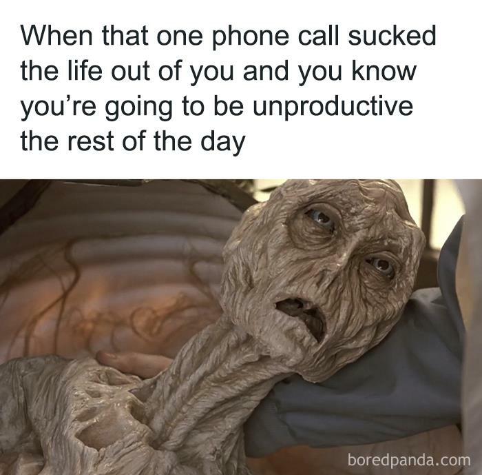 Desiccated figure meme about feeling drained, displaying humor from the "Funny Recruiter" Instagram page.
