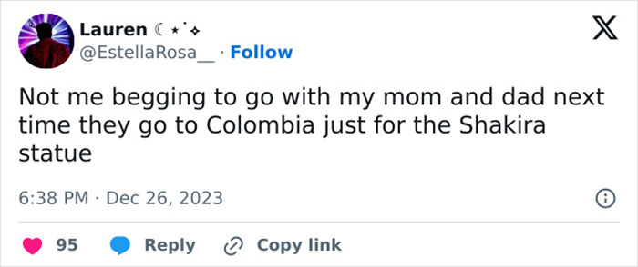 Tweet about traveling to Colombia for the Shakira statue, dated December 26, 2023.