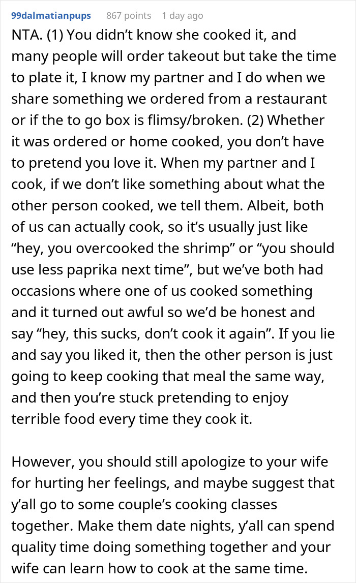 &ldquo;Borderline Gross&rdquo;: Wife Goes To Bed In Tears After Husband Mistakes Home Cooking For Takeout