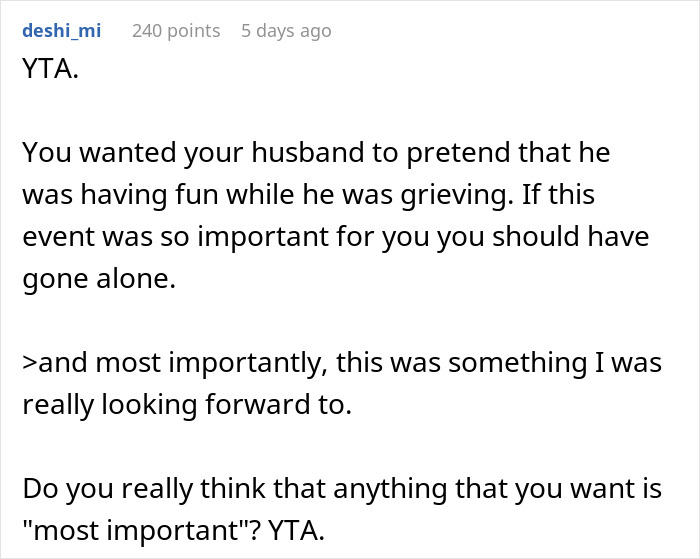 Woman Accuses Grieving Husband Of Ruining A Work Xmas Gala For Her, Gets A Reality Check