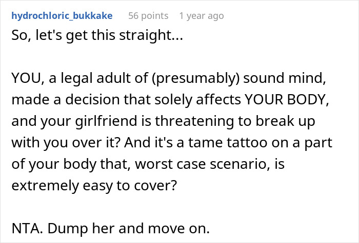 Reddit comment about a tattoo potentially causing a breakup, advising to move on. Reddit comment about a tattoo potentially causing a breakup, advising to move on.
