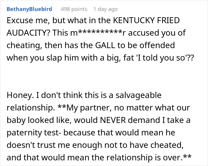 Screenshot of a Reddit comment thread discussing a man freaking out over baby&rsquo;s hair color and paternity test results.