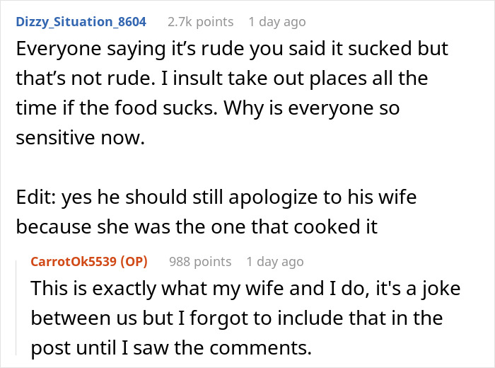 &ldquo;Borderline Gross&rdquo;: Wife Goes To Bed In Tears After Husband Mistakes Home Cooking For Takeout