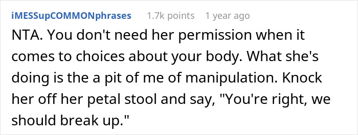 Comment discussing relationship advice and personal choices related to a new tattoo. Comment discussing relationship advice and personal choices related to a new tattoo.