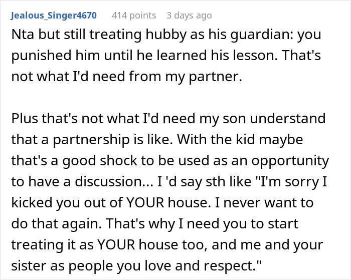 Alt text: User discussion on whether kicking out husband and son before Christmas was an overreaction in a parenting conflict.