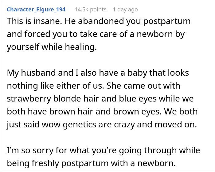 Comment describing man&rsquo;s reaction to baby&rsquo;s hair color and wife&rsquo;s laugh after paternity test reveals truth.