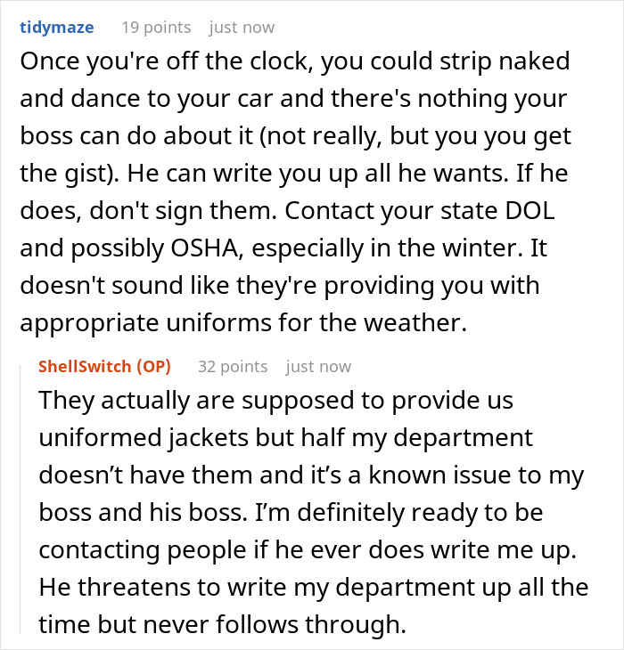 Boss Immaturely Threatens To Write Worker Up For Wearing A Sweater After Clocking Out Boss Immaturely Threatens To Write Worker Up For Wearing A Sweater After Clocking Out