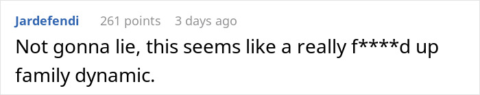 Text comment discussing a complicated family dynamic involving a mom kicking out husband and son before Christmas.