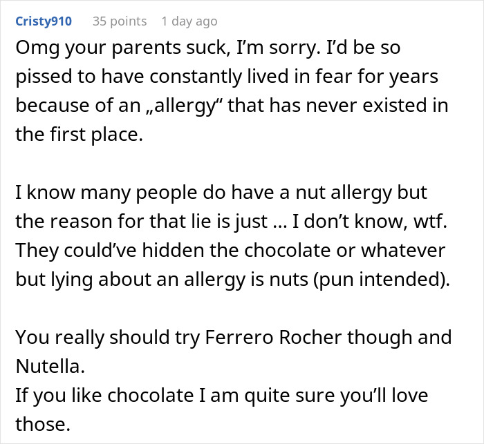 “I Feel Betrayed”: Woman Finds Out Her Parents Were Lying About Her Nut Allergy All Along “I Feel Betrayed”: Woman Finds Out Her Parents Were Lying About Her Nut Allergy All Along