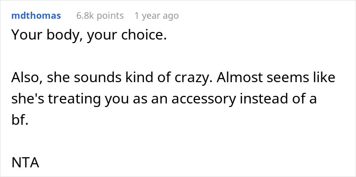 Comment on a forum discussing body autonomy and relationships regarding a new tattoo. Comment on a forum discussing body autonomy and relationships regarding a new tattoo.