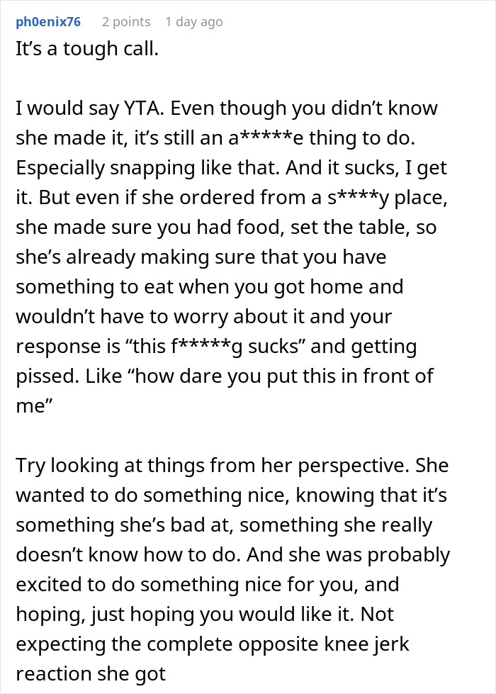 &ldquo;Borderline Gross&rdquo;: Wife Goes To Bed In Tears After Husband Mistakes Home Cooking For Takeout