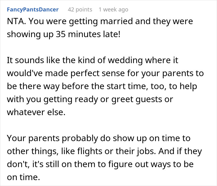 Person Starts Their Wedding On Time, It Offends Their 'Always Late' Parents Who Miss 3/4 Of It