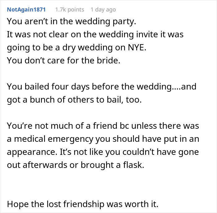 &ldquo;Am I The Jerk For Last Minute Declining To Go To A Friend&rsquo;s Dry Wedding On New Year&rsquo;s Eve?&rdquo;