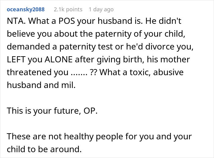 Screenshot of a user comment calling out husband&rsquo;s toxicity after a paternity test over baby&rsquo;s hair color dispute.