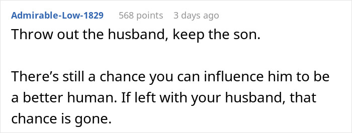 Screenshot of online comment discussing family conflict about kicking out husband and son before Christmas.