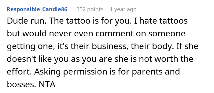 Reddit comment discussing relationship tension over a new tattoo. Reddit comment discussing relationship tension over a new tattoo.