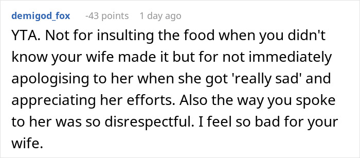 &ldquo;Borderline Gross&rdquo;: Wife Goes To Bed In Tears After Husband Mistakes Home Cooking For Takeout