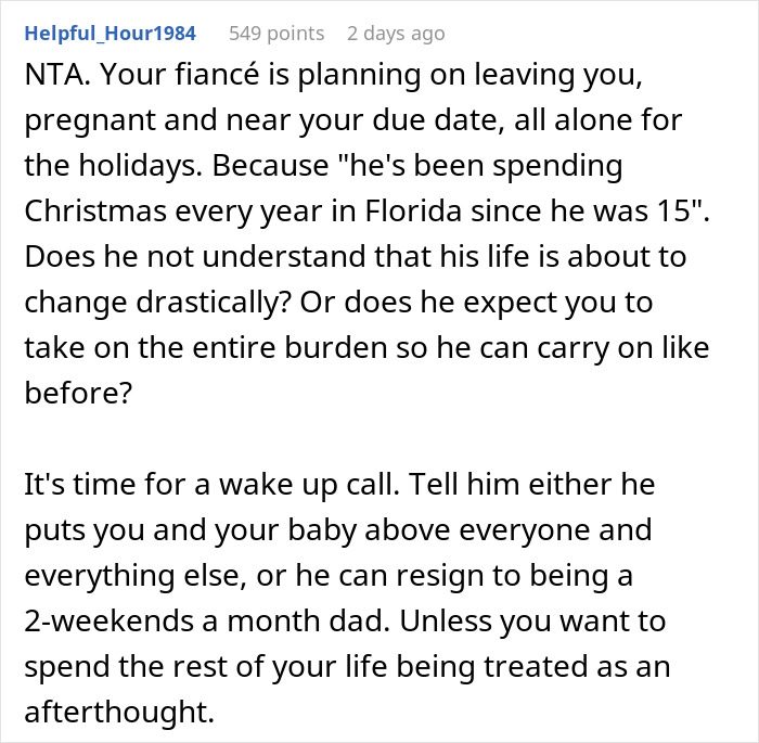 Heavily Pregnant Woman Wonders If She's A Jerk For Asking Her Fianc&eacute; To Spend Christmas With Her