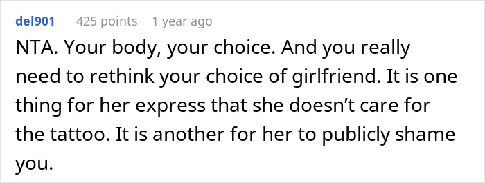 Comment discussing relationship issues over a new tattoo choice. Comment discussing relationship issues over a new tattoo choice.