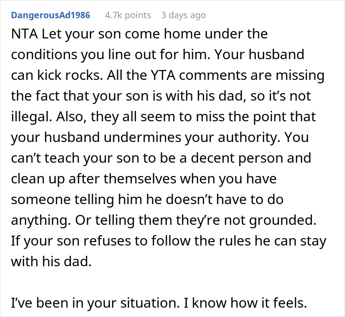 Reddit comment discussing parenting boundaries and kicking out husband and son before Christmas.