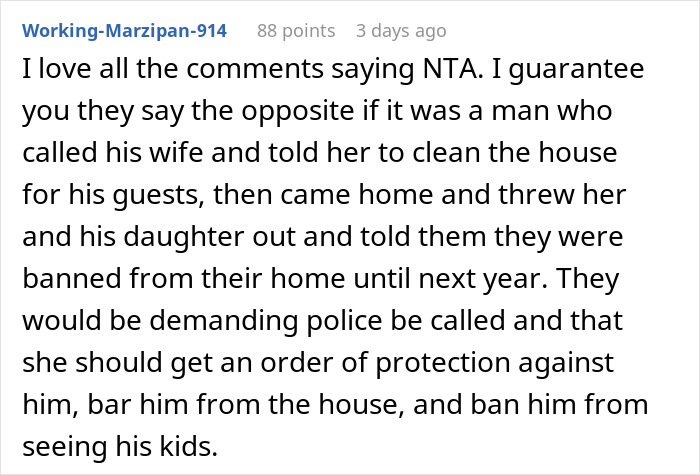Comment discussing if kicking out husband and son before Christmas was an overreaction in a family conflict.
